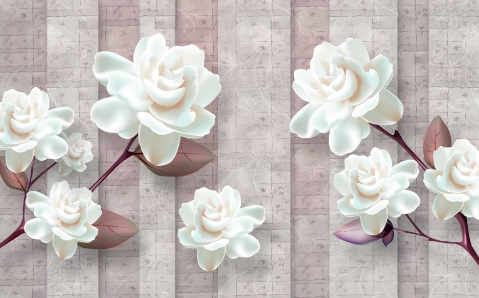 کاغذ دیواری با طرح گل های سفید سه بعدی